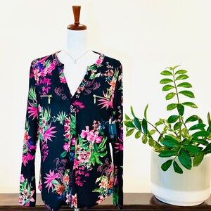🌸INC Elegant Floral Blouse w/Gold Accents, Size M, Black/Pink/Green (NWT)